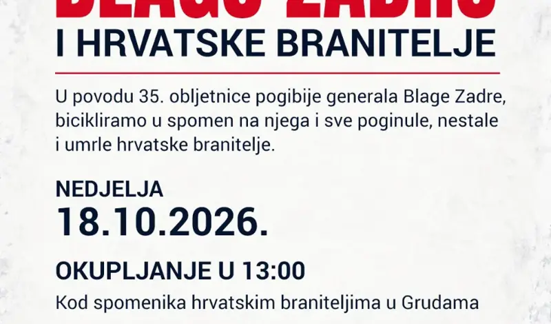 Biciklistička vožnja u spomen na generala Blagu Zadru i sve hrvatske branitelje
