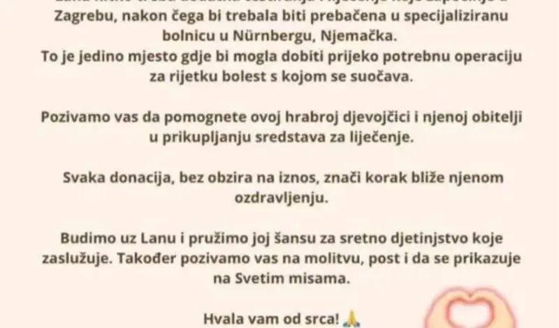 Uključimo se u akciju prikupljanja sredstava za liječenje Lane Soldo