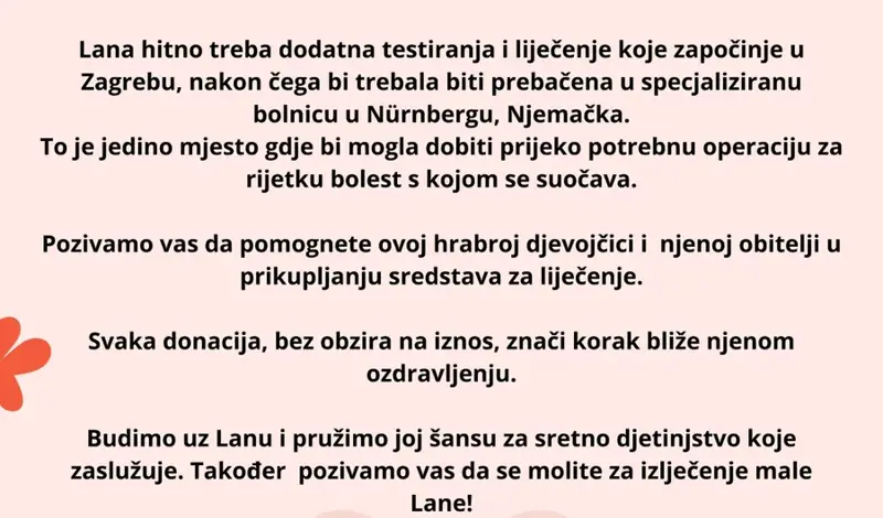 Uključimo se u akciju prikupljanja sredstava za liječenje Lane Soldo
