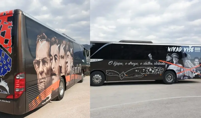 Hrvatskim gradom vozi bus s prekriženim licima Tita, Hitlera, Mussolinija i Staljina