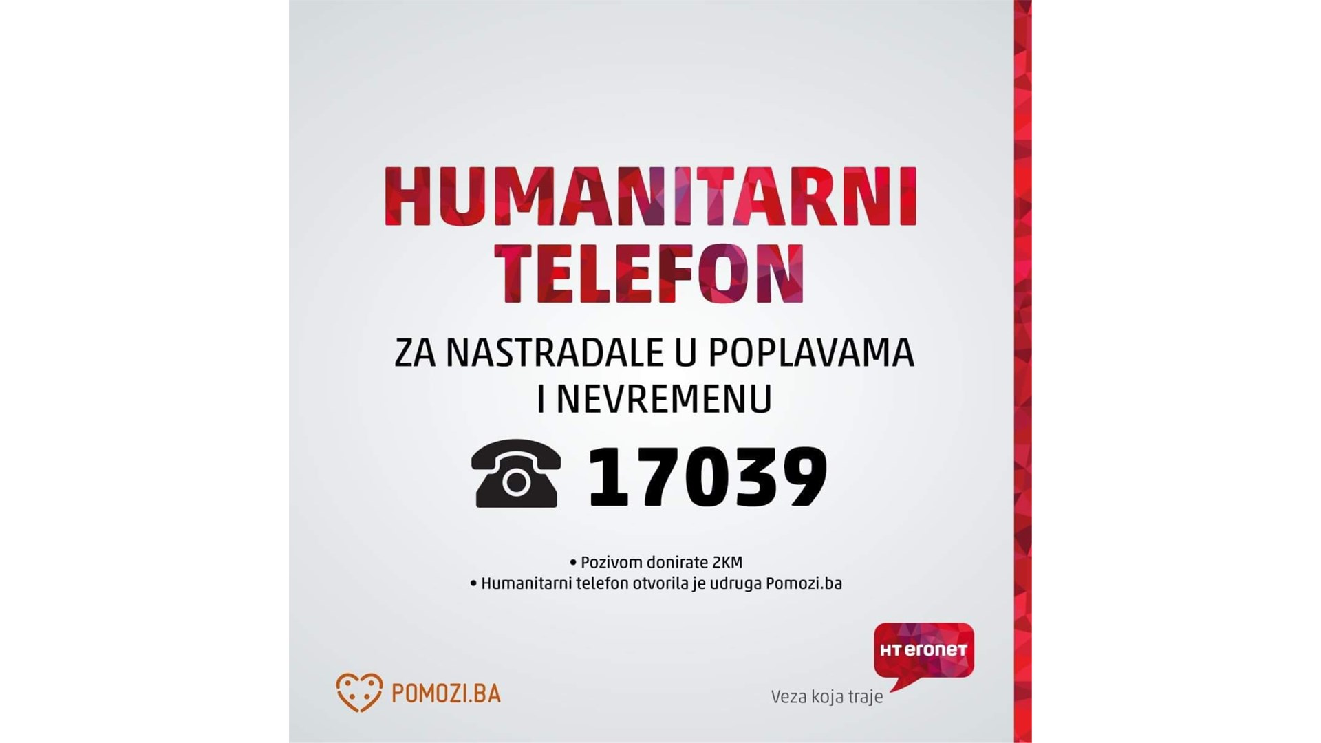 KATASTROFALNE POPLAVE U BiH: HT Eronet donirao SIM kartice i uređaje, prilagodio infrastrukturu, odrekao se prihoda od hum. telefona