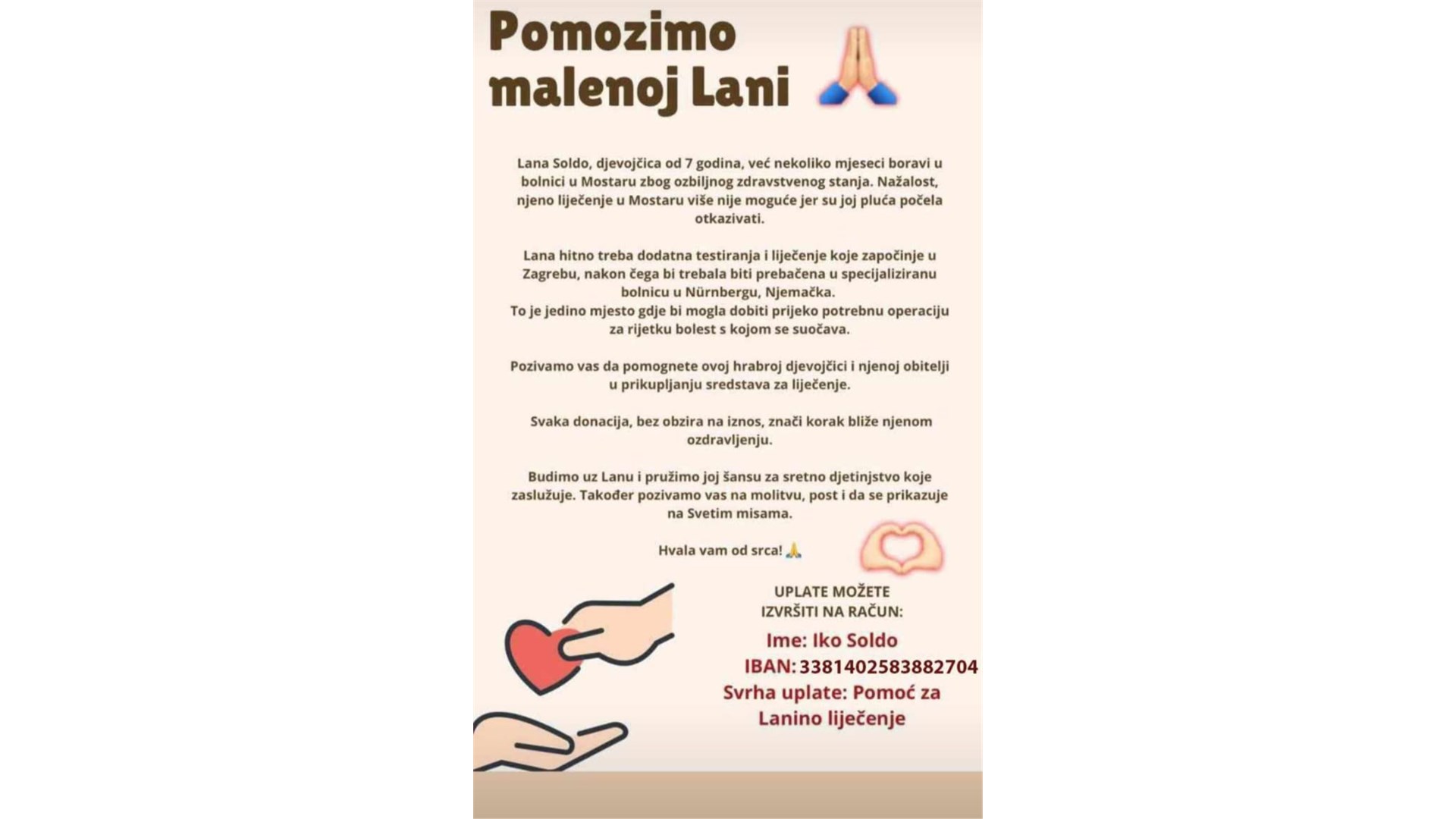 Uključimo se u akciju prikupljanja sredstava za liječenje Lane Soldo