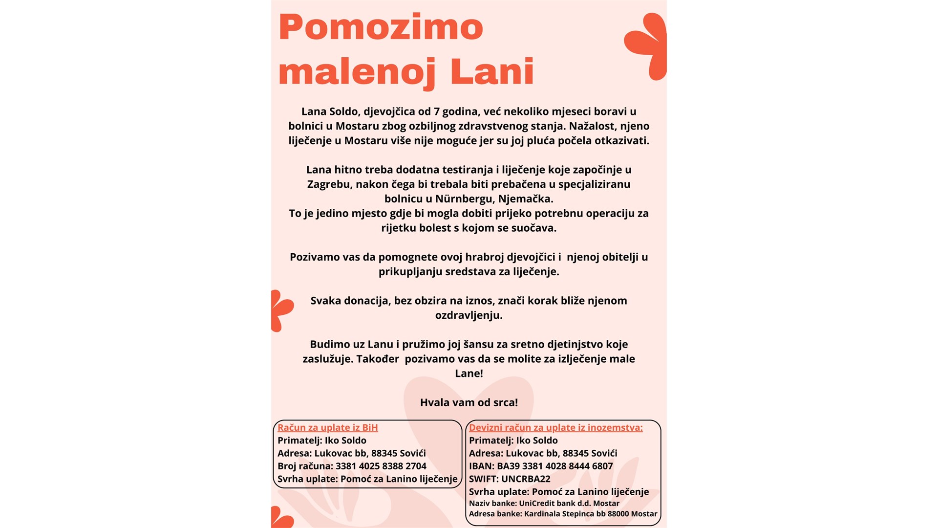 Uključimo se u akciju prikupljanja sredstava za liječenje Lane Soldo