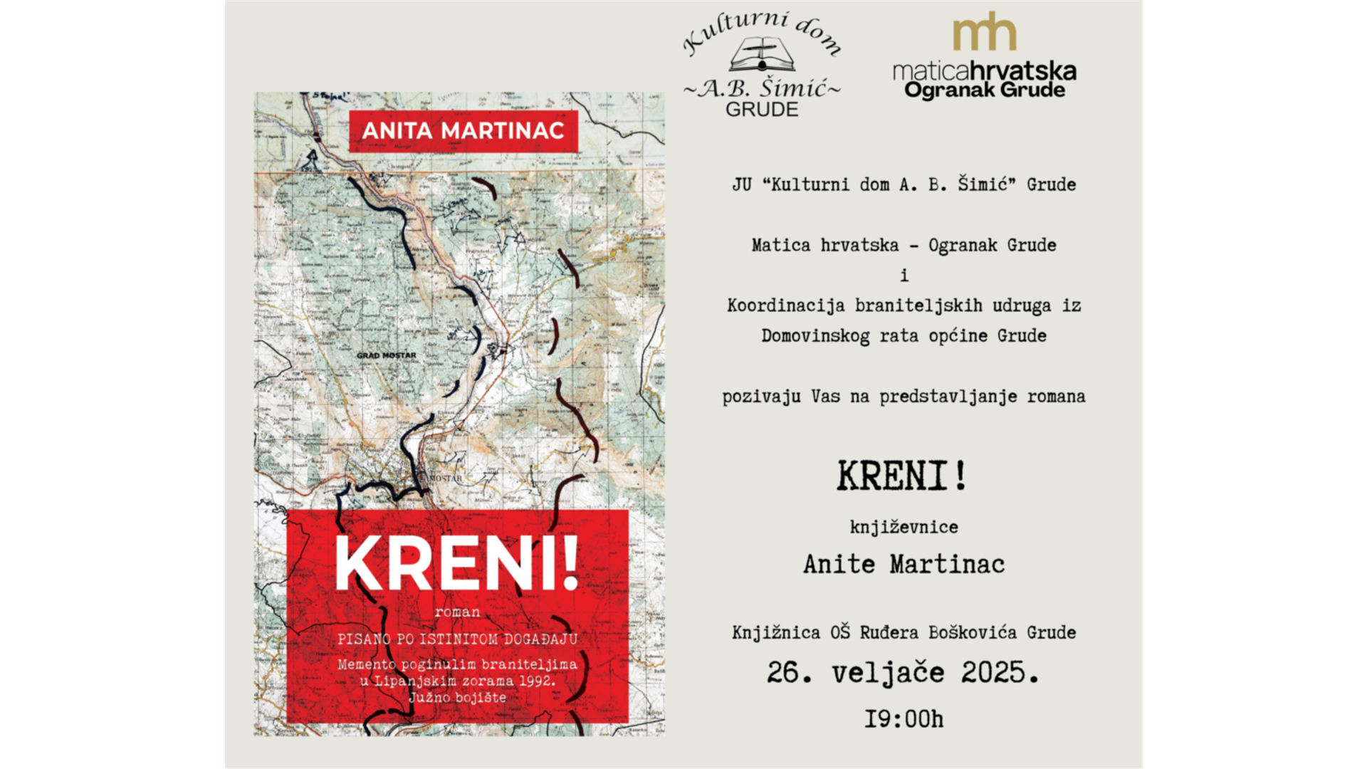 Anita Martinac u Grudama predstavlja roman Kreni! - Memento poginulim braniteljima u Lipanjskim zorama 1992.