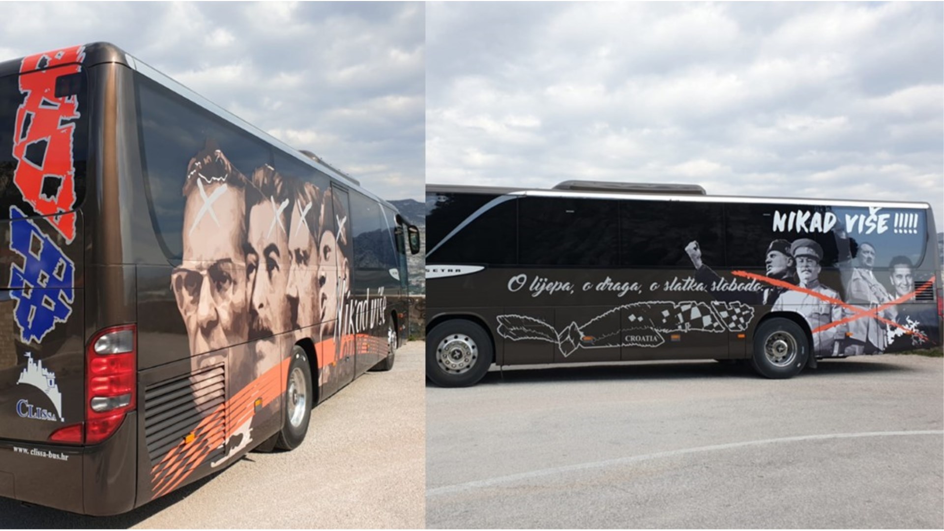 Hrvatskim gradom vozi bus s prekriženim licima Tita, Hitlera, Mussolinija i Staljina