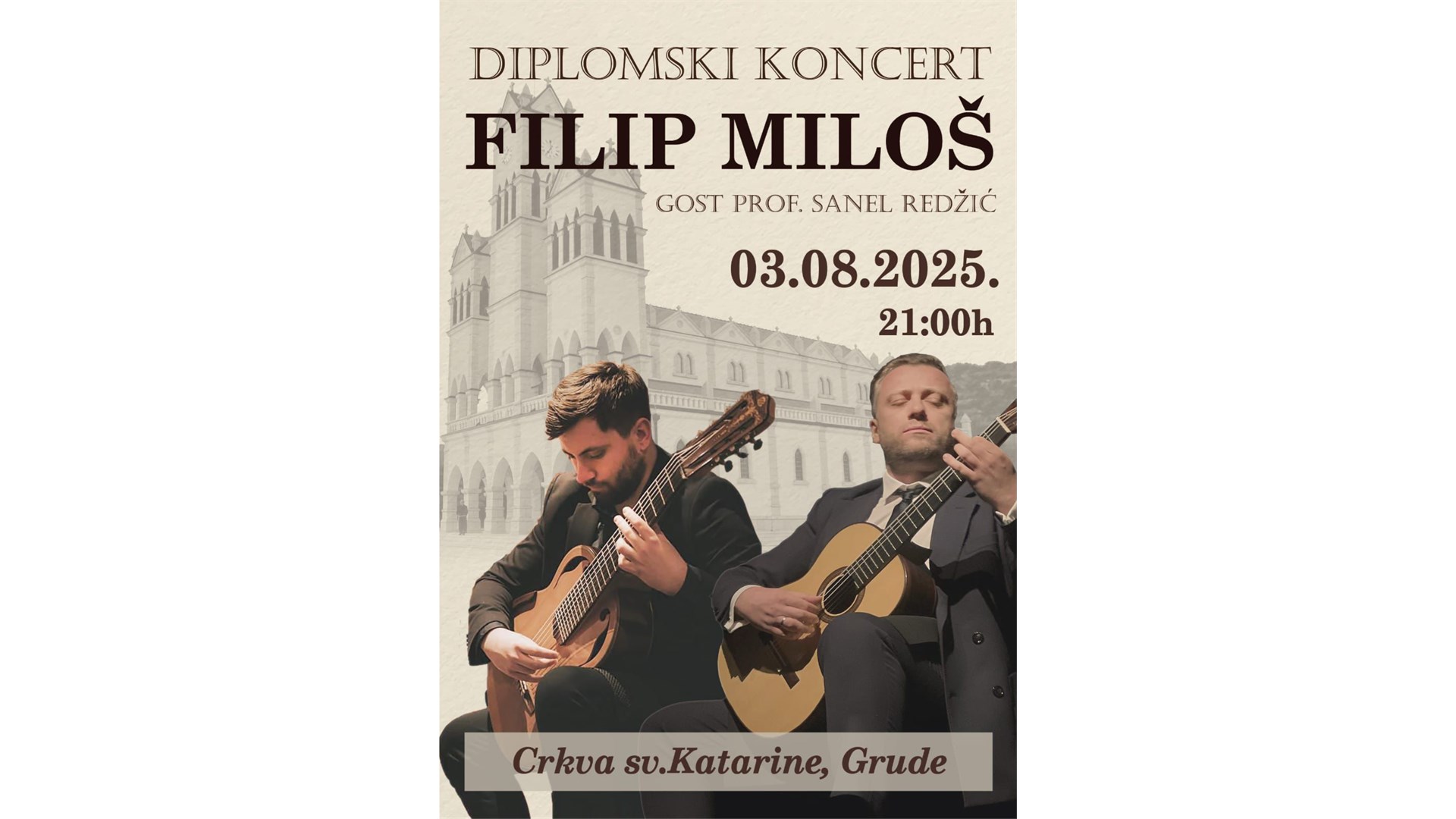 Najava: Svečani diplomski koncert Filipa Miloša u crkvi sv. Kate u Grudama